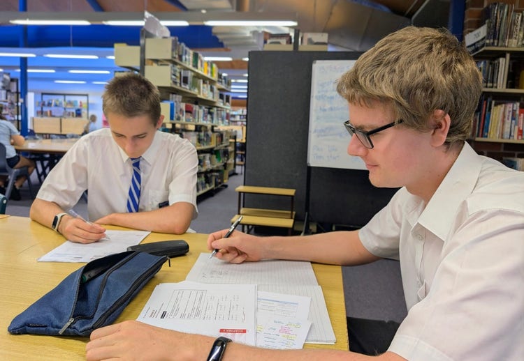 Two senior boys working in the library